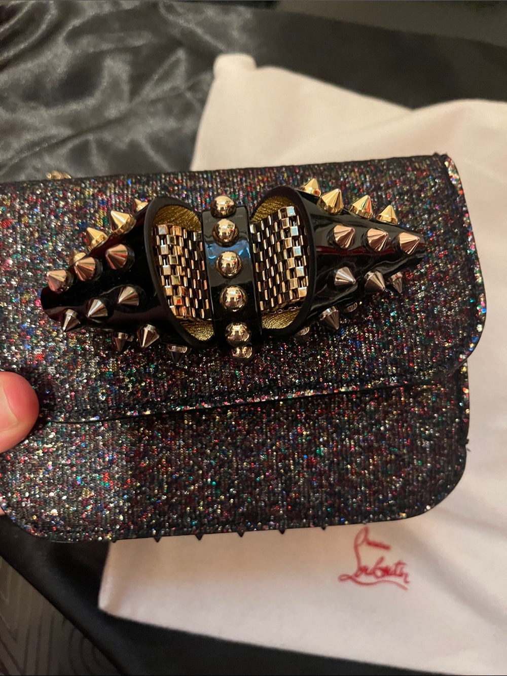 Christian Louboutin Multicolor Tweed Spike-Embellished Crossbody with Gold Chain - Picture 12 of 16